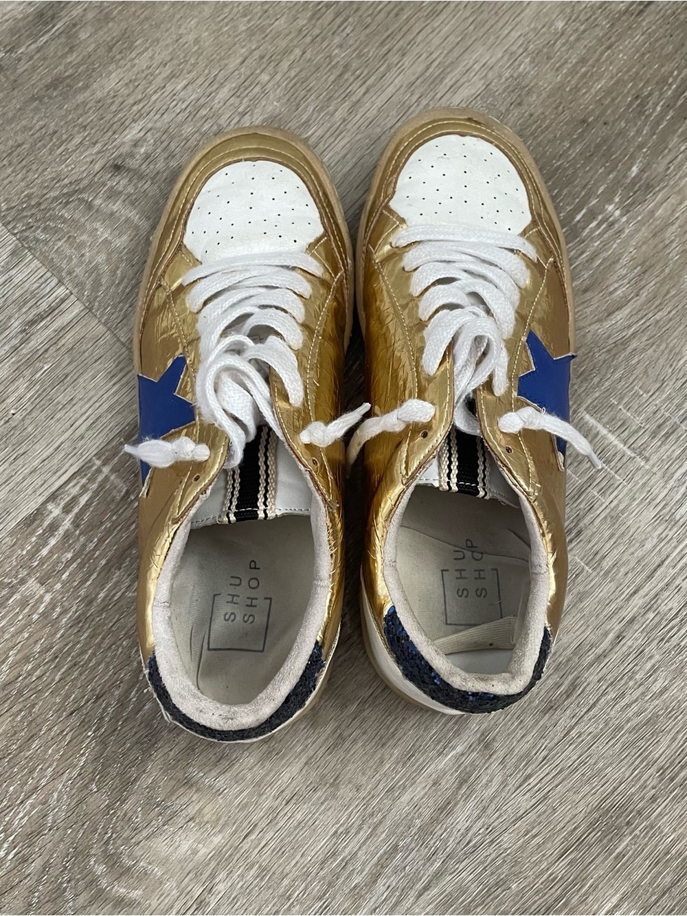 SHU SHOP Piera Gold Metallic Blue Star Sneakers Women’s Size 8 Lace-Up Low Top - Picture 6 of 9